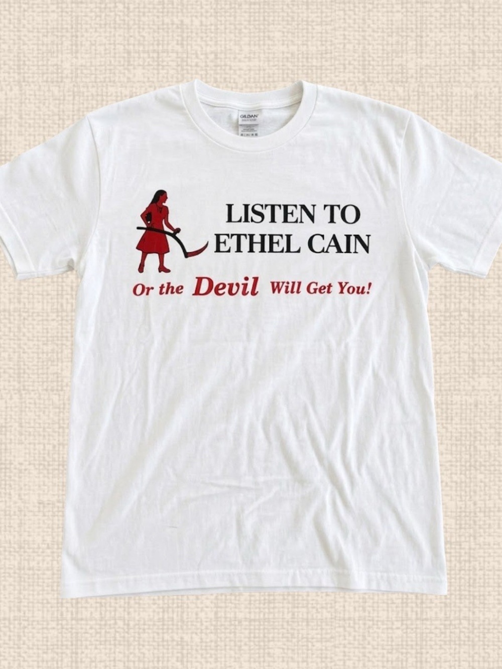 Gildan White Tee with Red Graphic "Listen to Ethel Cain"